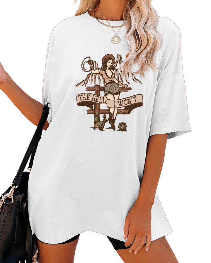 Women's Fashion Casual The Hell I Won't Print Round Neck Short Sleeve-Blouses & Shirts-Zishirts