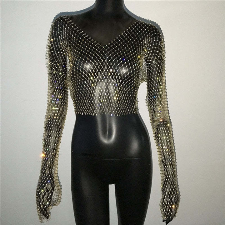 Fishnet Long Sleeve Top Mesh Rhinestone-Blouses & Shirts-Zishirts