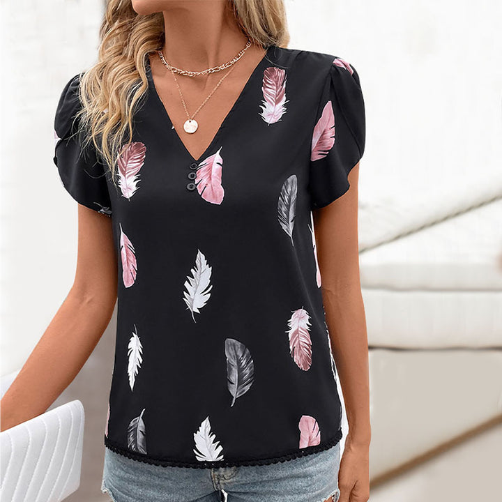 Women's Casual V-neck Feather Printed Shirt-Womens 2024 March-Zishirts