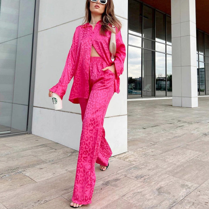 Women's Fashion Casual Leopard Print Jacquard Long-sleeved Trousers Two-piece Set-Suits & Sets-Zishirts