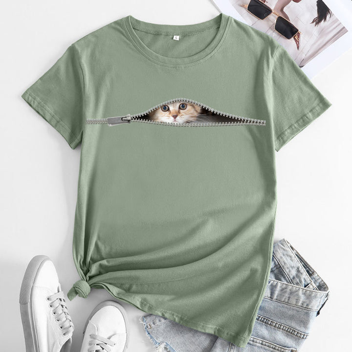 Cat Printing Cotton Round Neck Short Sleeve Women's T-shirt Tops-Blouses & Shirts-Zishirts