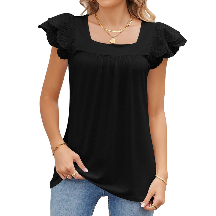 Solid Color Lace Stitching Square Collar Petals Short Sleeve T-shirt Top Female-Blouses & Shirts-Zishirts