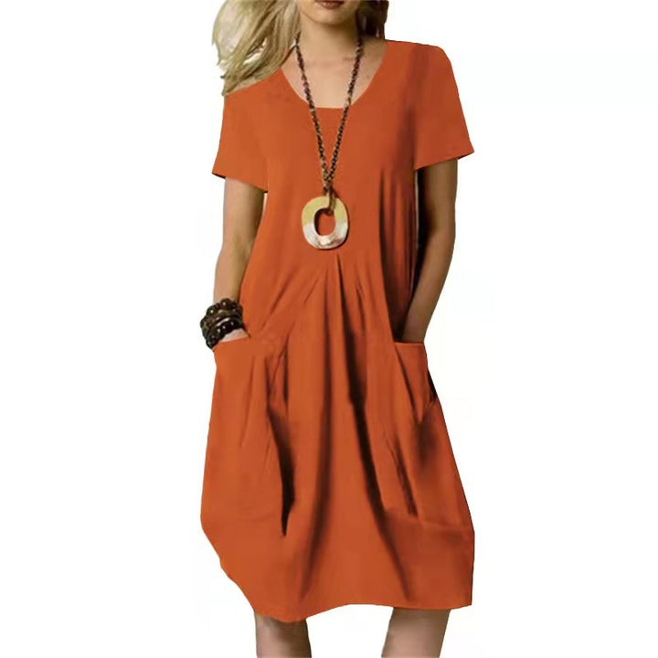 Cotton And Linen Solid Color Loose Round Neck Short Sleeve Dress-0-Zishirts