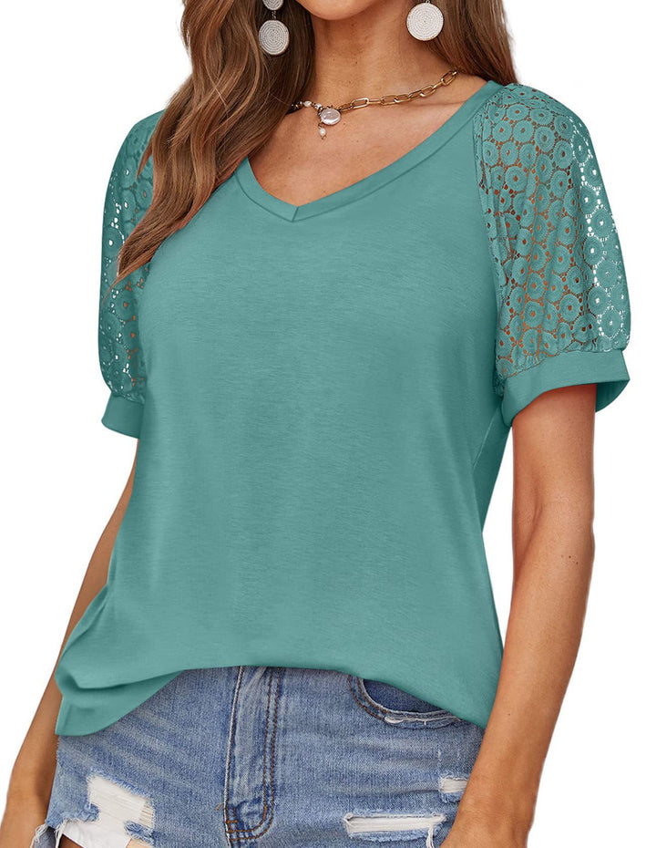 V-neck Lace Stitching Casual T-shirt For Women-Blouses & Shirts-Zishirts