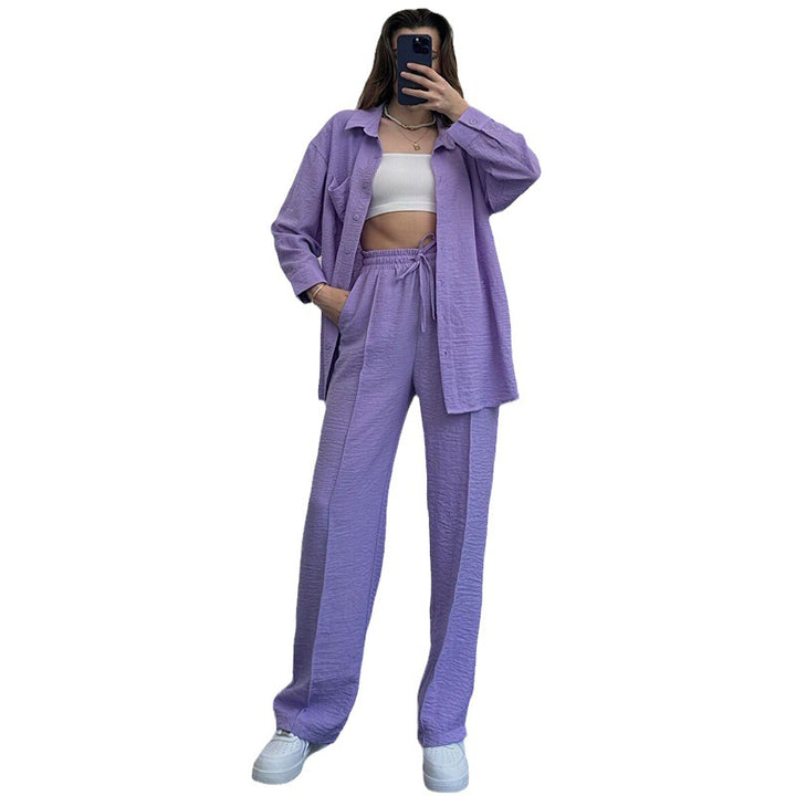 Women's Fashion Casual Solid Color Shirt And Trousers Two-piece Set-Suits & Sets-Zishirts