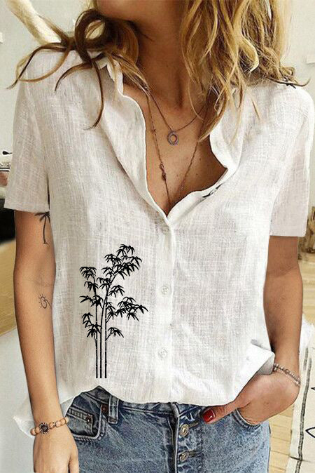 Women's Printed Linen Shirt Short Sleeve-Women's Outerwear 2023-Zishirts