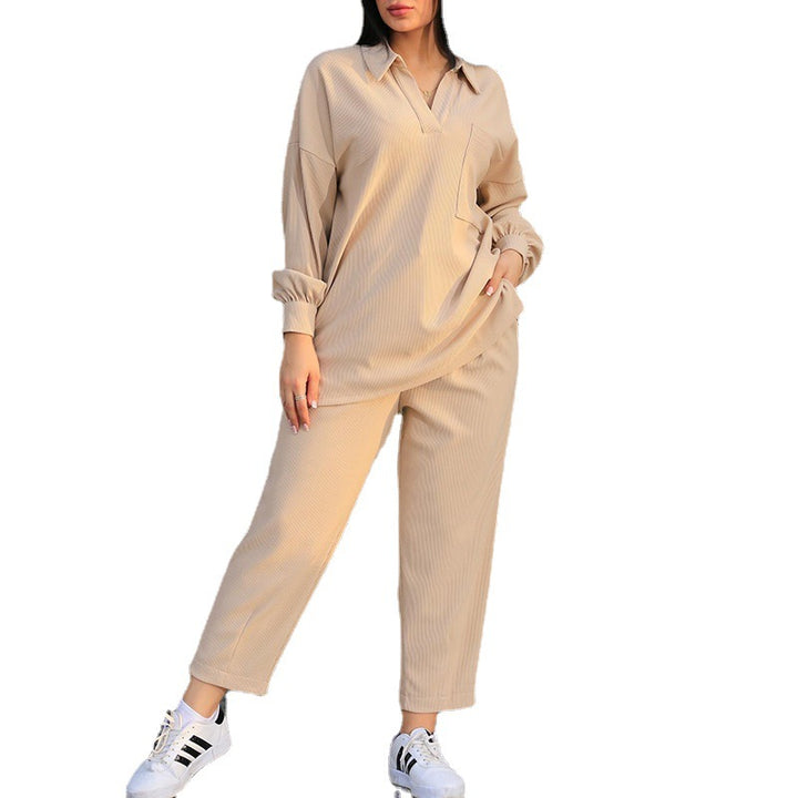 Women's Fashion Casual Lapel Long Sleeve Shirt Casual Pants Suit-Suits & Sets-Zishirts