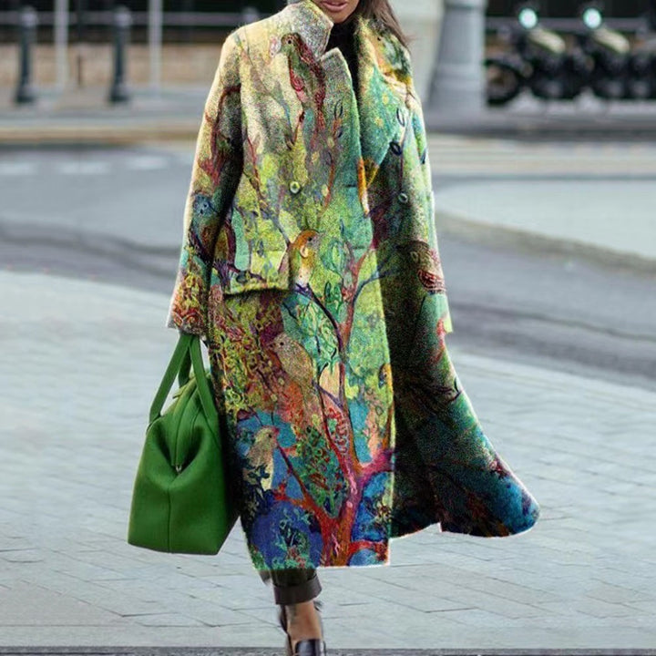 Turn-down Collar Coat Printed Woolen Long-cut Coat-Women's Outerwear 2023-Zishirts