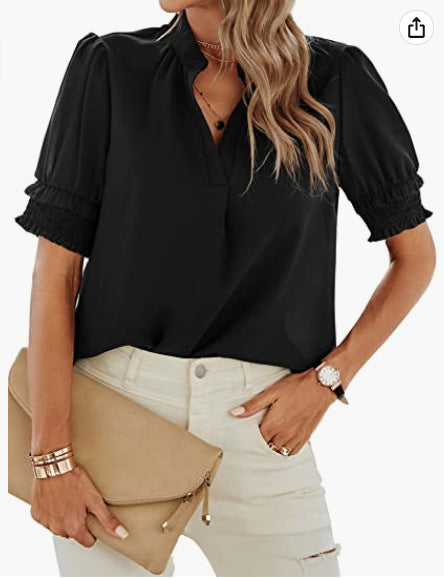 Women's V-neck Casual Short-sleeved Solid Color Chiffon Shirt-Womens 2024 March-Zishirts