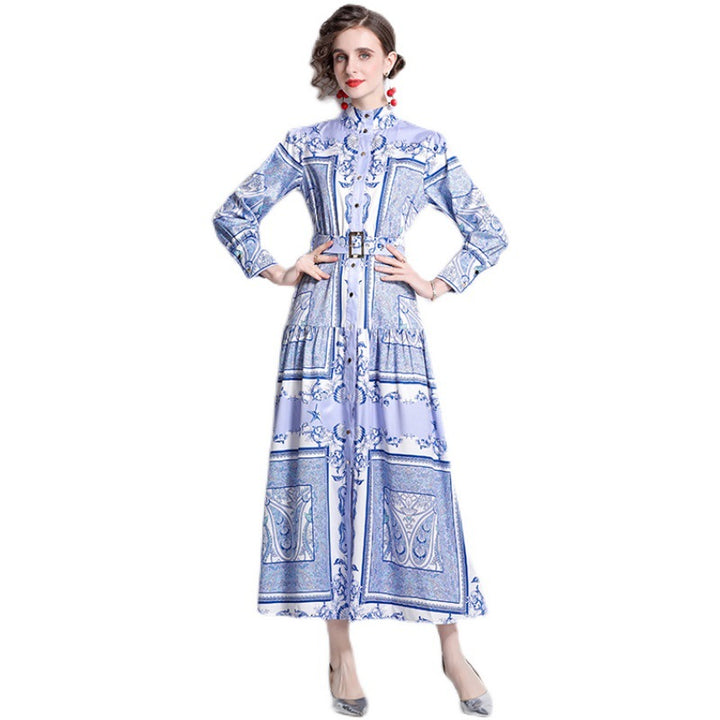 Vintage Totem Printing Temperament Long Sleeve Large Swing Dress-0-Zishirts