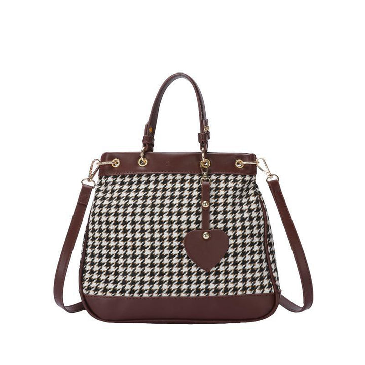 New Retro Color Matching Houndstooth Heart Tote Bag Large Capacity Portable Shoulder Messenger Bag-Women's Bags-Zishirts