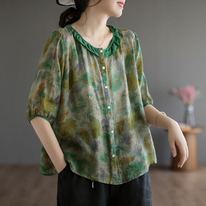 Retro Artistic Contrast Color Round Neck Oversized Short Sleeve Shirt-0-Zishirts