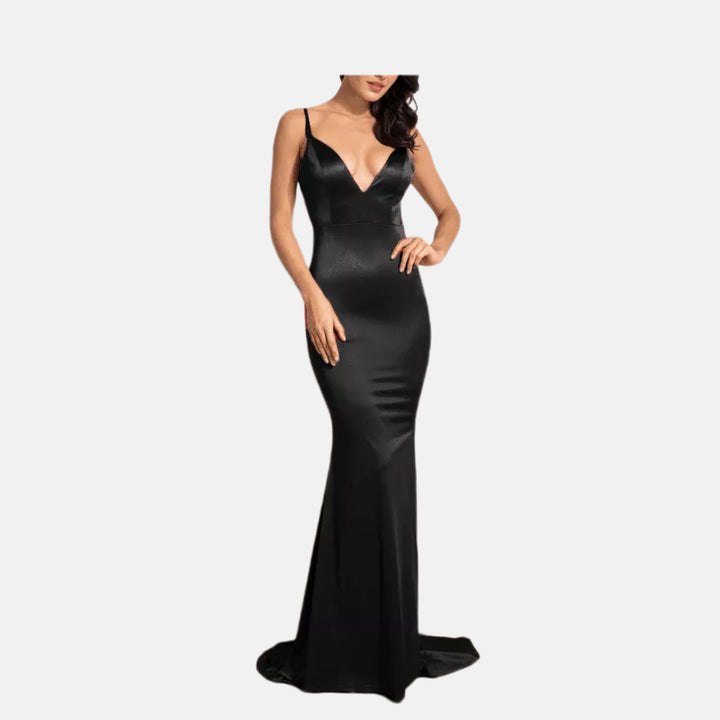 New Backless Satin Evening Dress Strap V-neck Trailing Formal Swing Dress Long Dress-Womens 2024 March-Zishirts