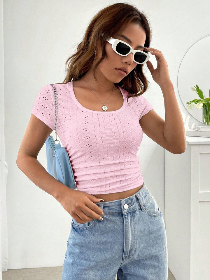 Low Round Neck Eyelet Short Slim T-shirt For Women-Women's Outerwear 2023-Zishirts