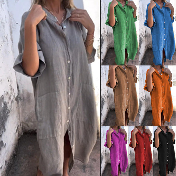 Loose Casual Half Sleeve Cotton Linen Shirt Dress Women-Womens 2024 March-Zishirts