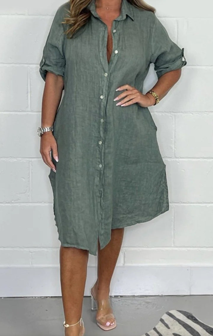 Loose Casual Half Sleeve Solid Color Cotton Linen Shirt Dress-Womens 2024 March-Zishirts