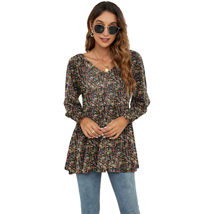 Women's Fashion Casual Printing Bubble Long Sleeve Waist Top-Blouses & Shirts-Zishirts