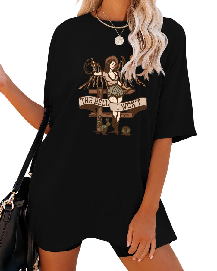 Women's Fashion Casual The Hell I Won't Print Round Neck Short Sleeve-Blouses & Shirts-Zishirts