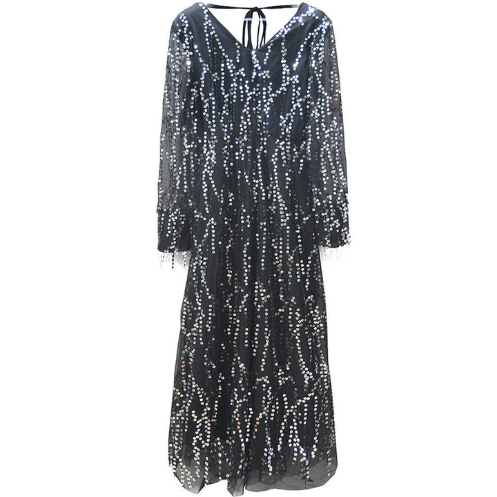 Women's V-neck Tassel Sequins Dress-Lady Dresses-Zishirts