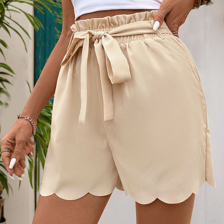 Lace-up Scalloped Solid Color Shorts For Women-Womens 2024 March-Zishirts