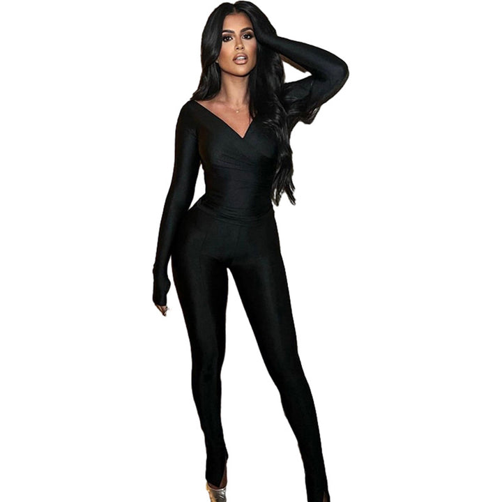 Women's Fashionable V-neck High Waist Tight Trousers Casual Sports Suit-Suits & Sets-Zishirts