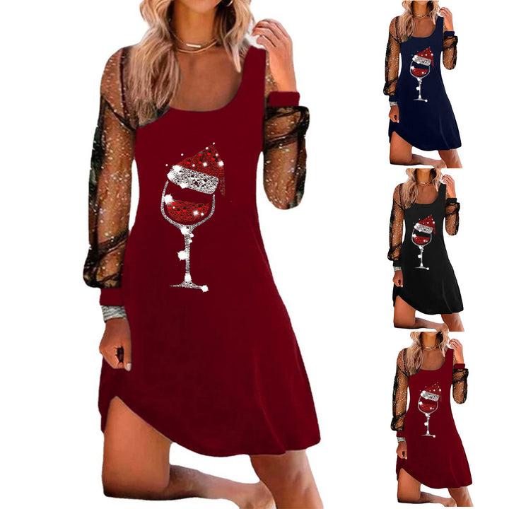 Christmas Wine Glass Printed Pullover Long Sleeve Dress-Womens 2024 March-Zishirts