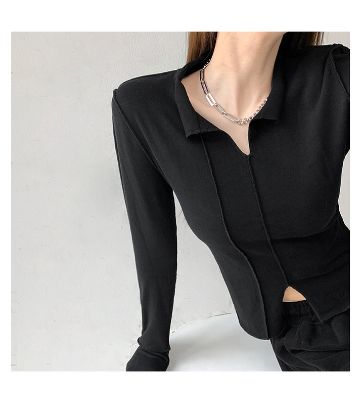 Women's Fashion Simple Solid Color Long Sleeve Bottoming Top-Blouses & Shirts-Zishirts