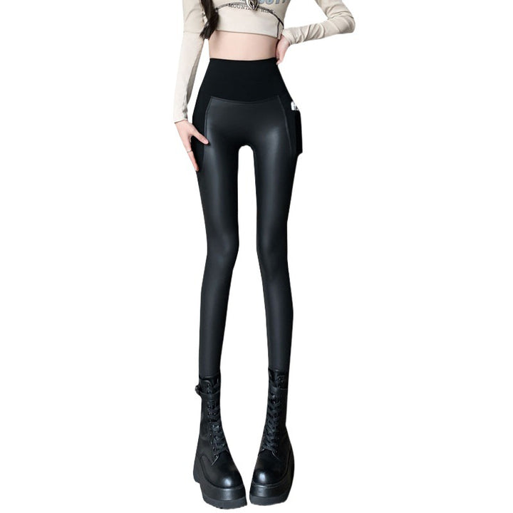 Women's PU Leather Velvet Padded Leggings High Waist-Women's Outerwear 2023-Zishirts