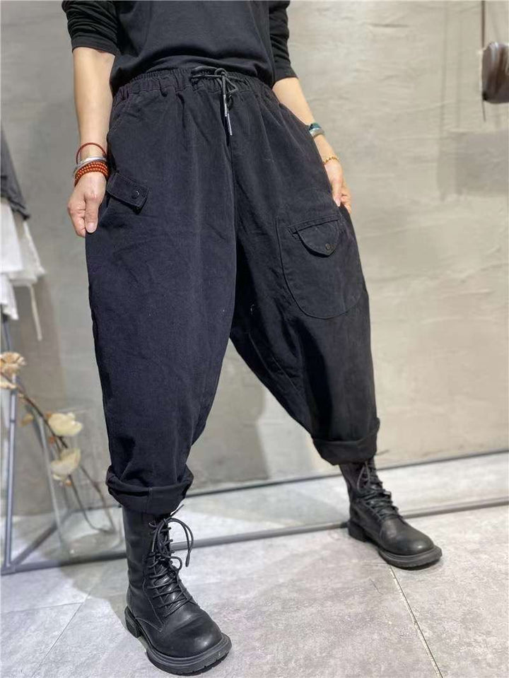 Korean Style Elastic Waistband Patch Pocket Overalls For Women-0-Zishirts