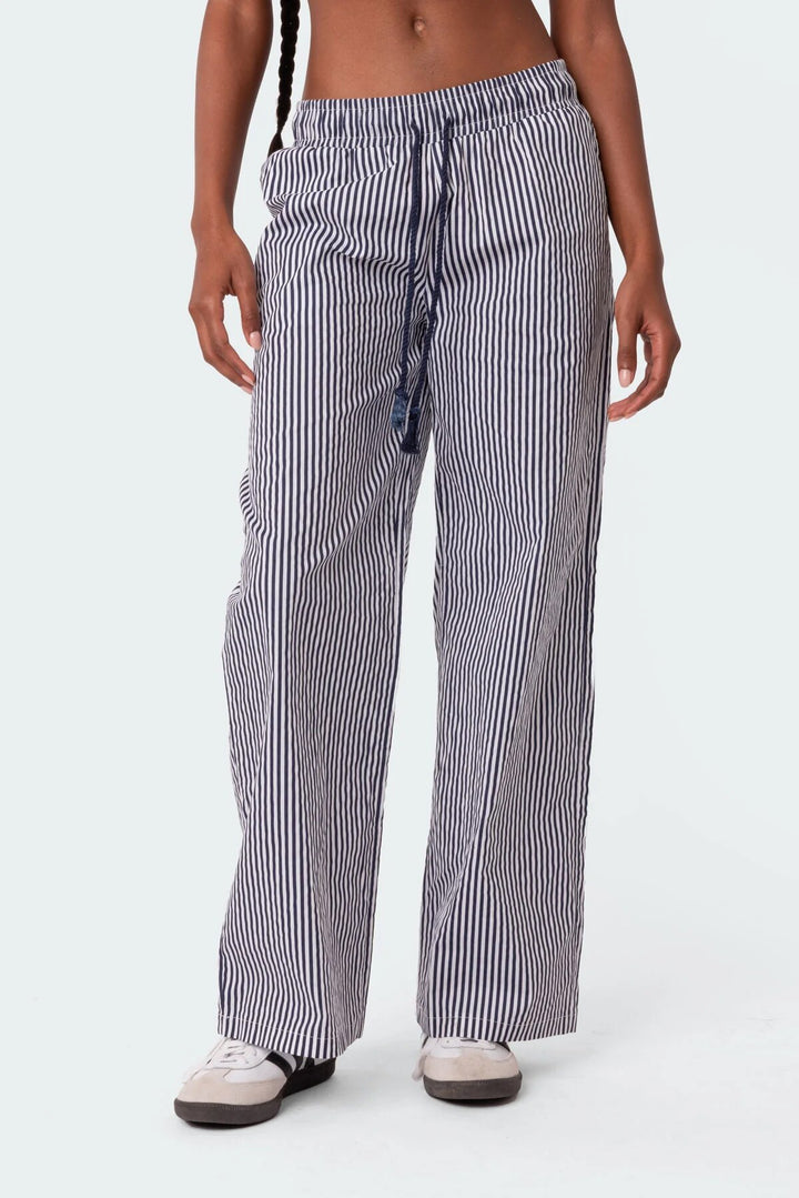 Elastic Waistband Lace-up Striped Pocket Casual Trousers-0-Zishirts