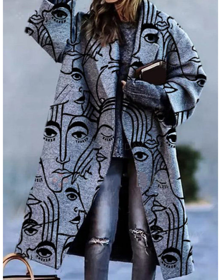 Turn-down Collar Coat Printed Woolen Long-cut Coat-Women's Outerwear 2023-Zishirts