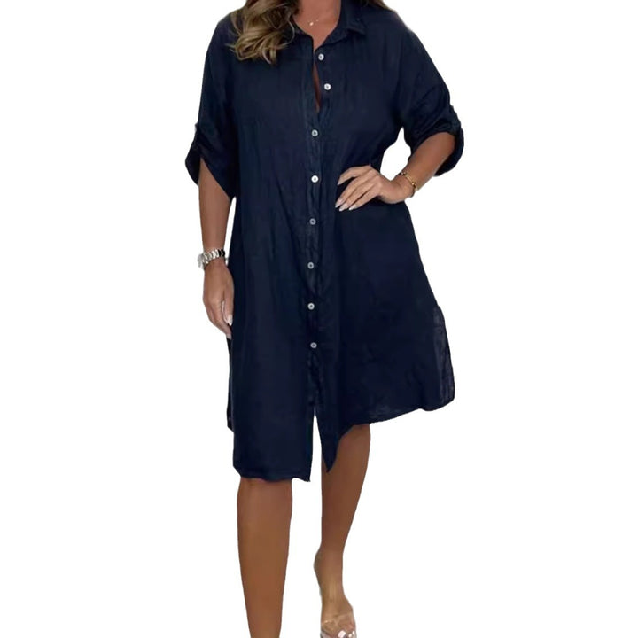 Loose Casual Half Sleeve Solid Color Cotton Linen Shirt Dress-Womens 2024 March-Zishirts