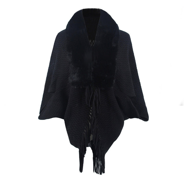 Drizzling Fur Collar Knitted Tassel Cape Coat Women-Scarves & Wraps-Zishirts