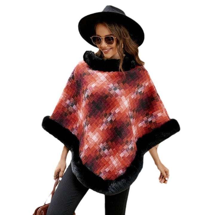 Cape Colored Plaid Thermal Knitting Shawl Women's Coat-Scarves & Wraps-Zishirts