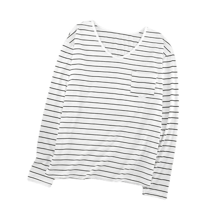 Loose V-neck Striped Long Sleeve Bottoming Shirt-Blouses & Shirts-Zishirts