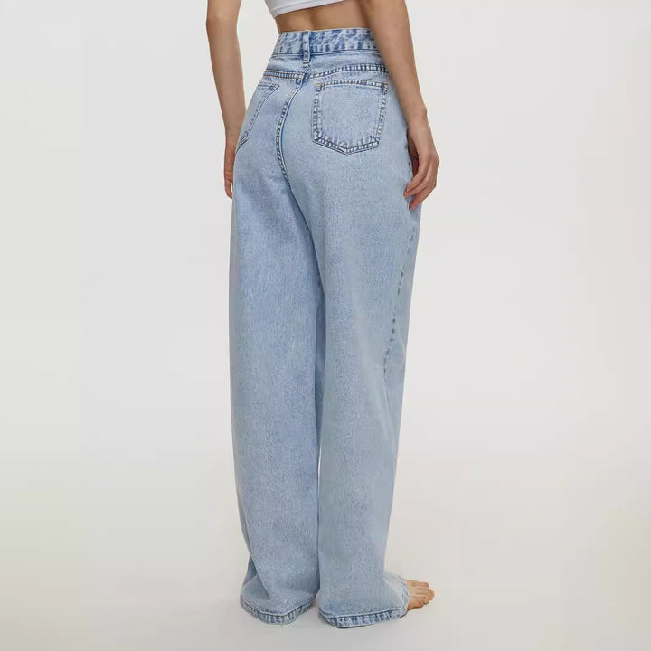 Women's Straight Loose High Waist Denim Trousers-0-Zishirts