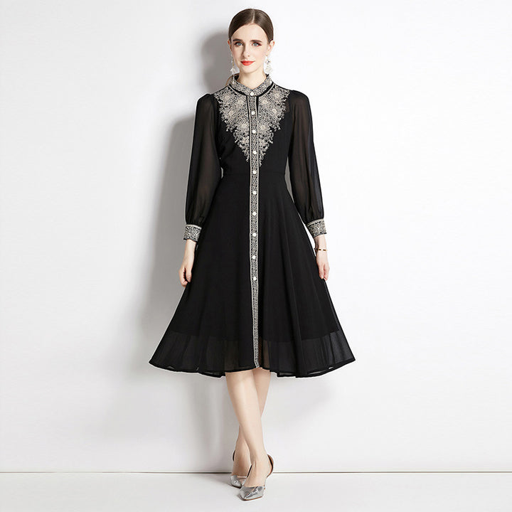 Long Sleeve Gold Thread Embroidered Elegant Midi Dress-Womens 2024 March-Zishirts