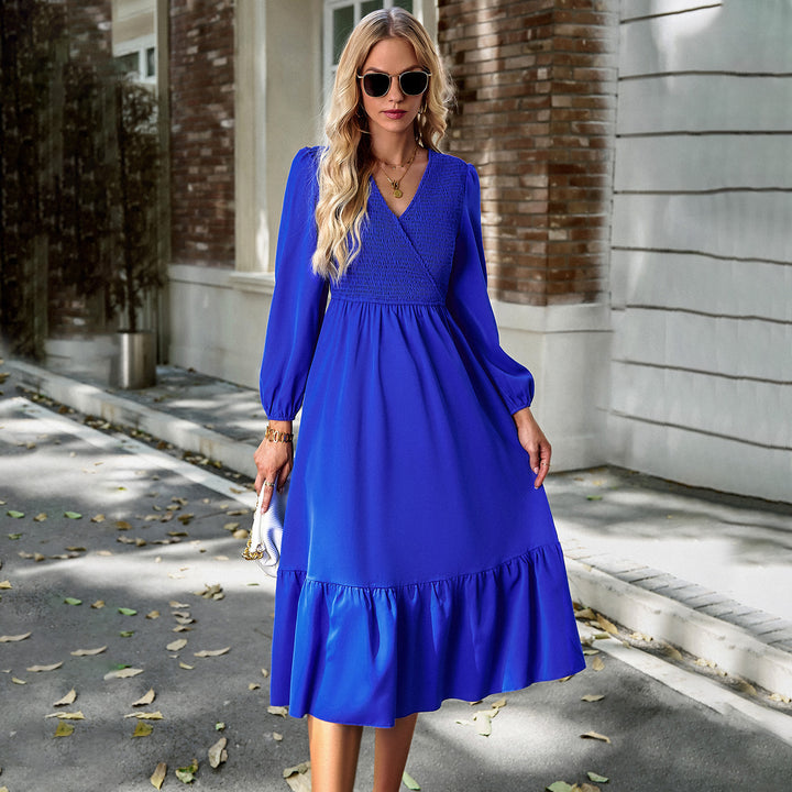 Women's V-neck Smocking Solid Color Dress-Lady Dresses-Zishirts