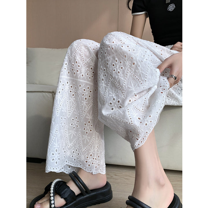 Straight Wide-leg Women's Loose White Embroidered Hollow Casual Pants-0-Zishirts