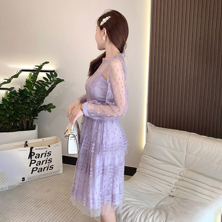 Lilac Purple Lace Stitching Mesh Embroidered Long Sleeve Round Neck See-through Dress-Womens 2024 March-Zishirts