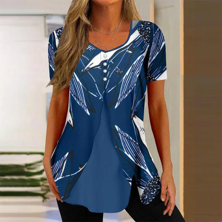 Summer New Women's Round Neck Printed Fake Two Pieces Short Sleeve Shawl Pullover T-shirt Tops-Womens 2024 March-Zishirts