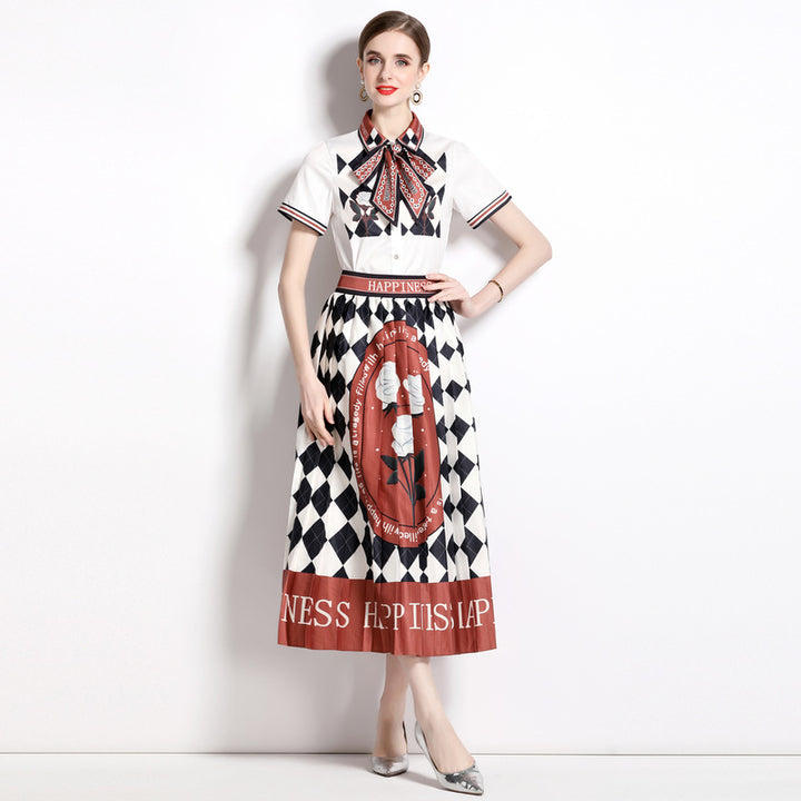 Printed Shirt Collar Elegant Fashionable Pleated Skirt Fashion Two-piece Set-Womens 2024 March-Zishirts