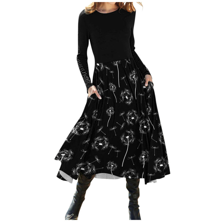 Women's Temperament Leisure Round Neck Long Sleeve Printed Dress-Lady Dresses-Zishirts