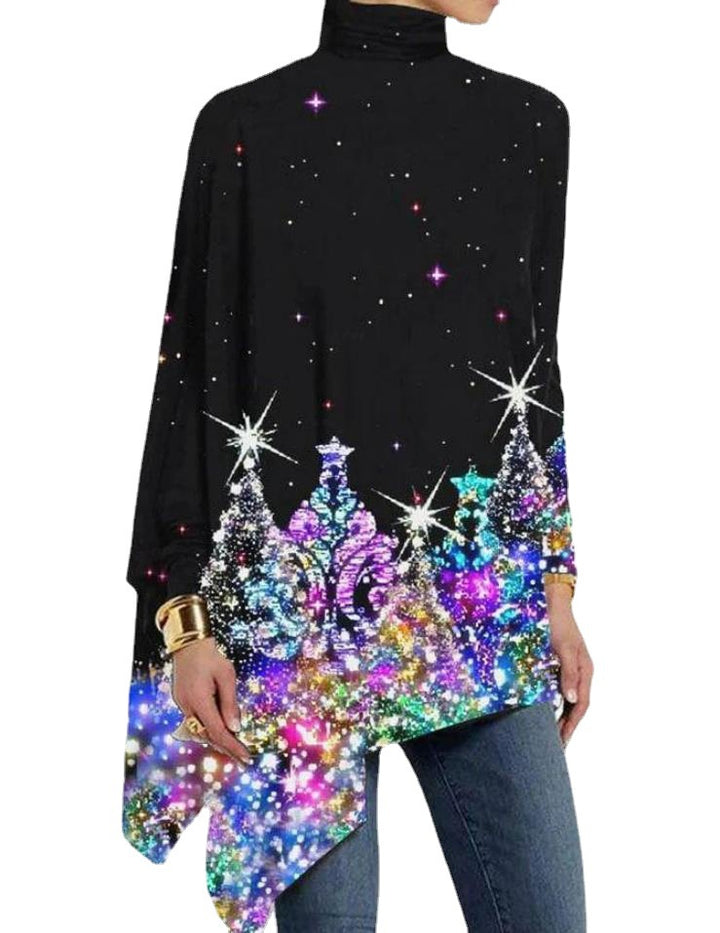 Fashion High Collar Loose And Irregular Digital Printed Long-sleeved Top-Women's Outerwear 2023-Zishirts