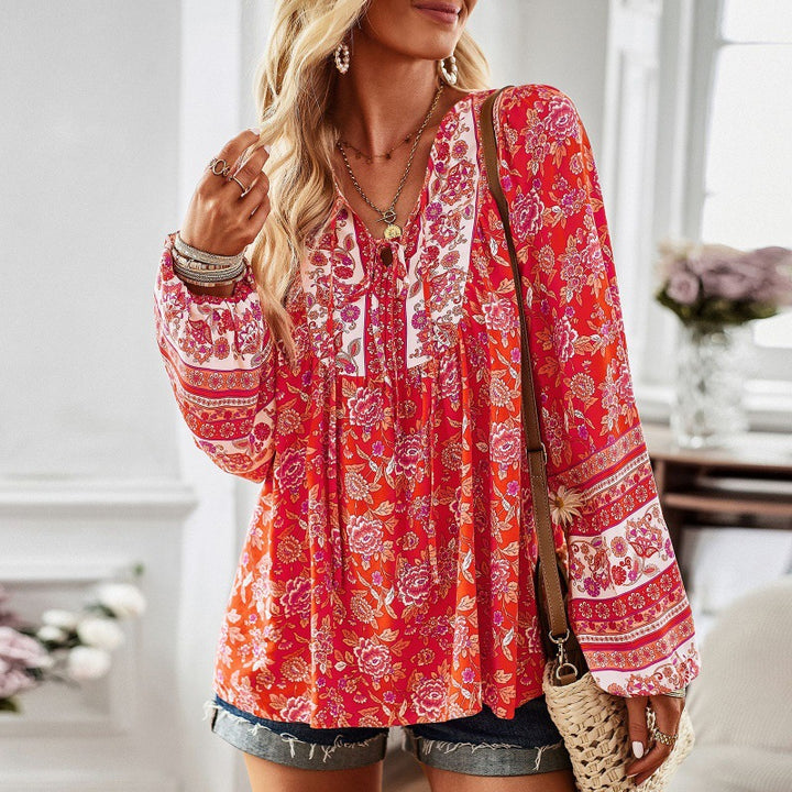 European And American Women's Clothing Printed Long Sleeve Shirt-Blouses & Shirts-Zishirts