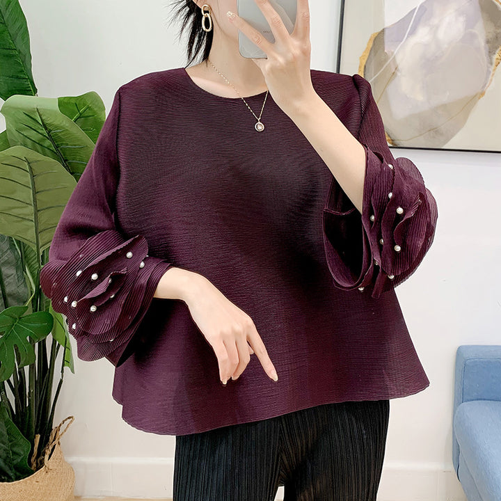 Women's Pleated Bell Sleeve Top Beaded Round Neck-Womens 2024 March-Zishirts