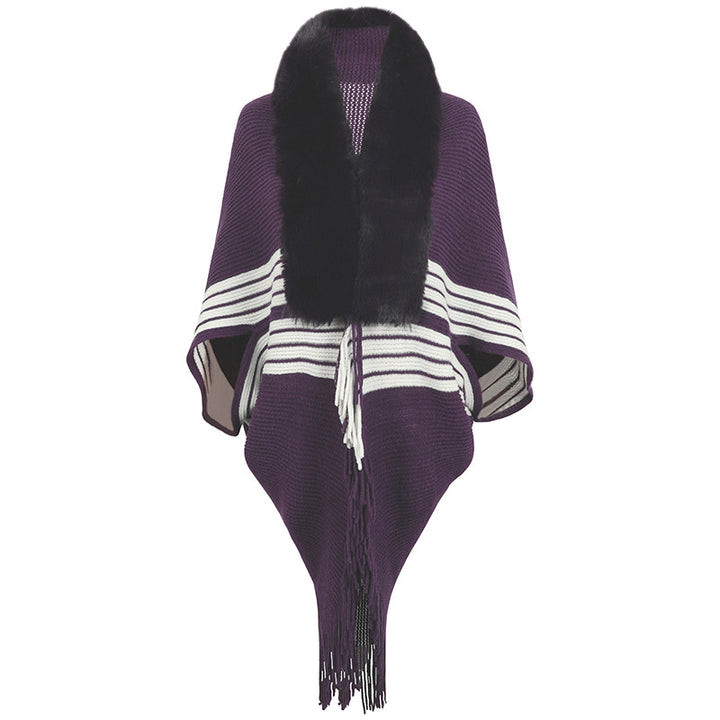 Tassel Cape And Shawl Women's Striped Fur Collar Scarf-Scarves & Wraps-Zishirts