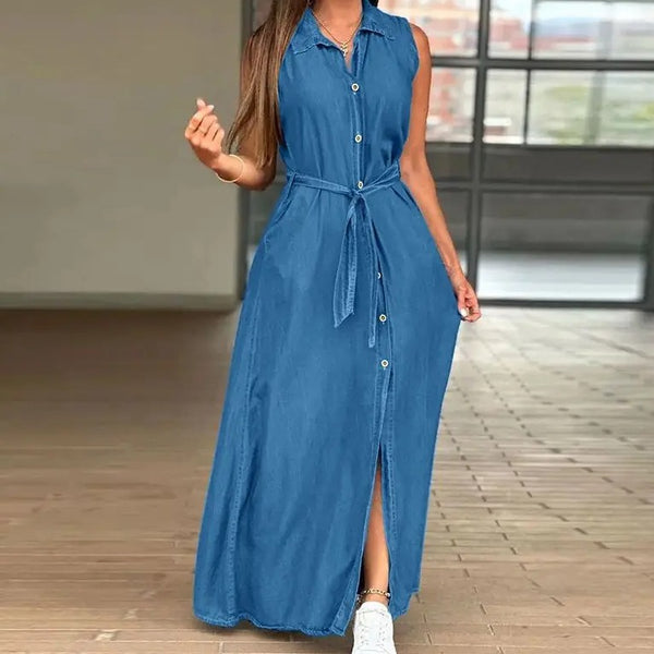 Women's Lapel Sleeveless Waist-controlled Lace-up Denim Dress-Womens 2024 March-Zishirts