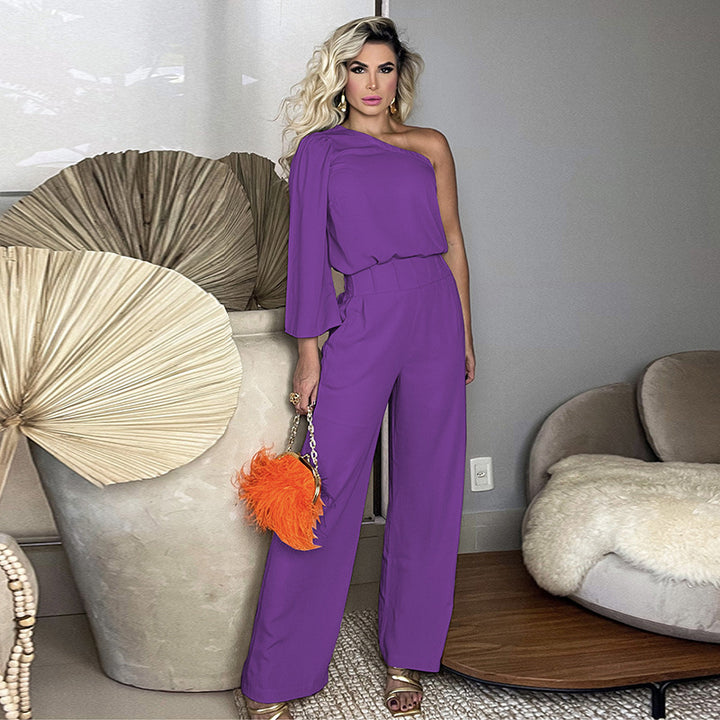 Women's Fashionable Temperament Shoulder Long-sleeved Top Wide-leg Trousers Suit-Suits & Sets-Zishirts