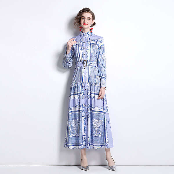 Vintage Totem Printing Temperament Long Sleeve Large Swing Dress-0-Zishirts